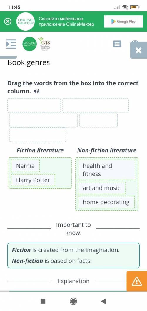 Drag the words from the box into the correct column. ) + Harry Potter+ home decorating+ health and f