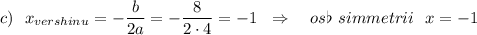 c)\ \ x_{vershinu}=-\dfrac{b}{2a}=-\dfrac{8}{2\cdot 4}=-1\ \ \Rightarrow \quad os\flat\ simmetrii\ \ x=-1