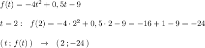f(t)=-4t^2+0,5t-9\\\\t=2:\ \ f(2)=-4\cdot 2^2+0,5\cdot 2-9=-16+1-9=-24\\\\(\, t\, ;\, f(t)\, )\ \ \to \ \ (\, 2\, ;-24\, )