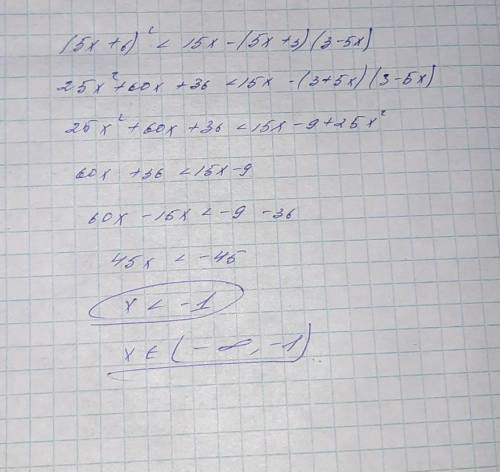 Решите неравенство (5х +6)^2 < 15х-(5х+3)(3-5х)