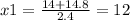 x1 = \frac{14 + 14.8}{2.4} = 12