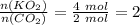 \frac{n(KO_{2})}{n(CO_{2})} =\frac{4\ mol}{2\ mol} =2