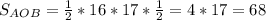 S_{AOB} = \frac{1}{2} * 16 *17*\frac{1}{2} = 4 *17 = 68