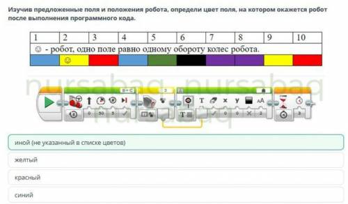 Изучив предложенные поля и положение робота, определи цвет поля, на котором окажется робот после вып