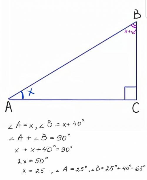 Один из острых углов прямоугольного треугольника на 40° больше другого острого угла. Найдите градусн