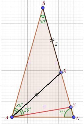B треугольнике АВСстороны АВ и ВСравны, угол ACB = 75°. На стороне ВС взяли точки ХиҮтак, что точка