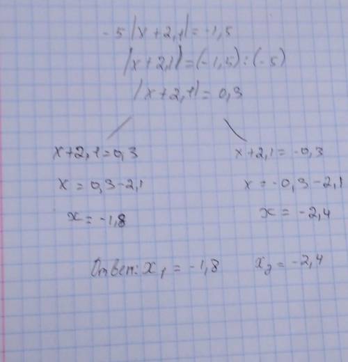 Решите уравнение: - 5·|х + 2,1| = - 1,5.