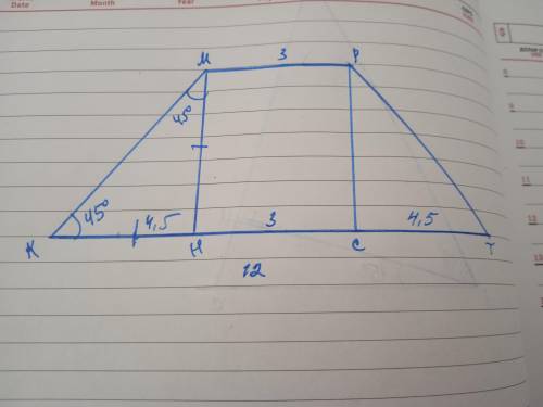 Угол при основании в равнобедренной трапеции равен 45° , а основания равны 3 см и 12 см. Найди площа