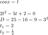 cosx=t\\\\2t^2-5t+2=0\\D=25-16=9=3^2\\t_{1}=2\\t_{2}=\frac{1}{2}