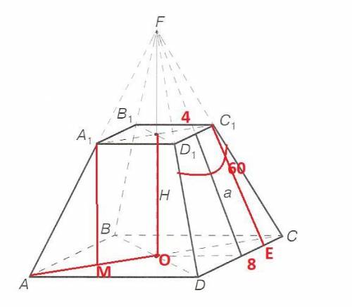 Стороны оснований правильной усеченной четырехугольной пирамиды равны 4 см и 8 см, а острый угол бок