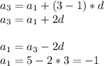 a_{3}=a_{1}+(3-1)*d\\a_{3}=a_{1}+2d\\\\a_{1}=a_{3}-2d\\a_{1}=5-2*3 = -1
