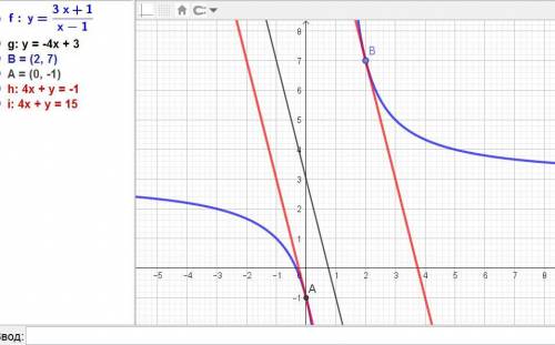 решить: Для каких точек касательная к гиперболе y=3x+1/x-1 параллельна прямой y=-4x+3? Написать урав