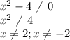 x^{2} -4\neq 0\\x^{2} \neq 4\\x\neq 2; x\neq-2