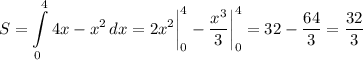 \displaystyle S=\int\limits^4_0 {4x-x^2} \, dx = 2x^2\bigg |_0^4 -\frac{x^3}{3} \bigg |_0^4=32-\frac{64}{3} =\frac{32}{3}