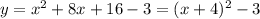 y=x^2+8x+16-3=(x+4)^2-3