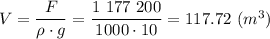 V = \dfrac{F}{\rho \cdot g} = \dfrac{1~177~200}{1000 \cdot 10} = 117.72~(m^3)