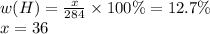 w(H) = \frac{x}{284} \times 100\% = 12.7\% \\ x = 36