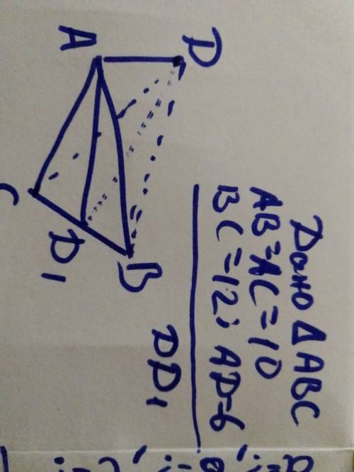 У рівнобедреному трикутнику ABC BC=12 см, бічна сторона = 10 см. З вершини A проведено перпендикуляр