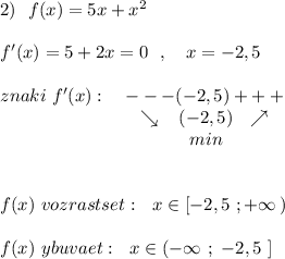 2)\ \ f(x)=5x+x^2\\\\f'(x)=5+2x=0\ \ ,\ \ \ x=-2,5\\\\znaki\ f'(x):\ \ \ ---(-2,5)+++\\{}\qquad \qquad \qquad \ \, \quad \searrow \ \ \, (-2,5)\ \ \nearrow \\{}\qquad \qquad \qquad \qquad \quad \ \ \ \ \, min\\\\\\f(x)\ vozrastset:\ \ x\in [-2,5\ ;+\infty \, )\\\\f(x)\ ybuvaet:\ \ x\in (-\infty \ ;\ -2,5\ ]