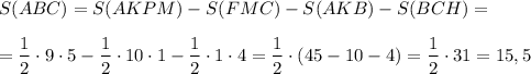 S(ABC)=S(AKPM)-S(FMC)-S(AKB)-S(BCH)=\\\\=\dfrac{1}{2}\cdot 9\cdot 5-\dfrac{1}{2}\cdot 10\cdot 1-\dfrac{1}{2}\cdot 1\cdot 4=\dfrac{1}{2}\cdot (45-10-4)=\dfrac{1}{2}\cdot 31=15,5