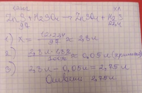 какой объем сероводорода выделится при действии серной кислоты на 12 кг сульфида цинка, содержащего