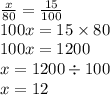 \frac{x}{80} = \frac{15}{100} \\100x = 15 \times 80 \\ 100x = 1200 \\ x = 1200 \div 100 \\ x = 12
