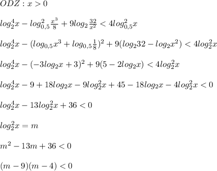 ODZ:x0\\\\log_{2}^{4}x-log_{0,5}^{2} \frac{x^{3} }{8}+9log_{2}\frac{32}{x^{2}}