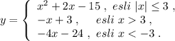 y=\left\{\begin{array}{l}x^2+2x-15\ ,\ esli\ |x|\leq 3\ ,\\-x+3\ ,\ \ \ \ esli\ x3\ ,\\-4x-24\ ,\ esli\ x