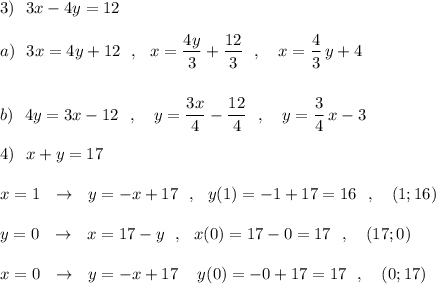 3)\ \ 3x-4y=12\\\\a)\ \ 3x=4y+12\ \ ,\ \ x=\dfrac{4y}{3}+\dfrac{12}{3}\ \ ,\ \ \ x=\dfrac{4}{3}\, y+4\\\\\\b)\ \ 4y=3x-12\ \ ,\ \ \ y=\dfrac{3x}{4}-\dfrac{12}{4}\ \ ,\ \ \ y=\dfrac{3}{4}\, x-3\\\\4)\ \ x+y=17\\\\x=1\ \ \to \ \ y=-x+17\ \ ,\ \ y(1)=-1+17=16\ \ ,\ \ \ (1;16)\\\\y=0\ \ \to \ \ x=17-y\ \ ,\ \ x(0)=17-0=17\ \ ,\ \ \ (17;0)\\\\x=0\ \ \to \ \ y=-x+17\ \,\ \ y(0)=-0+17=17\ \ ,\ \ \ (0;17)