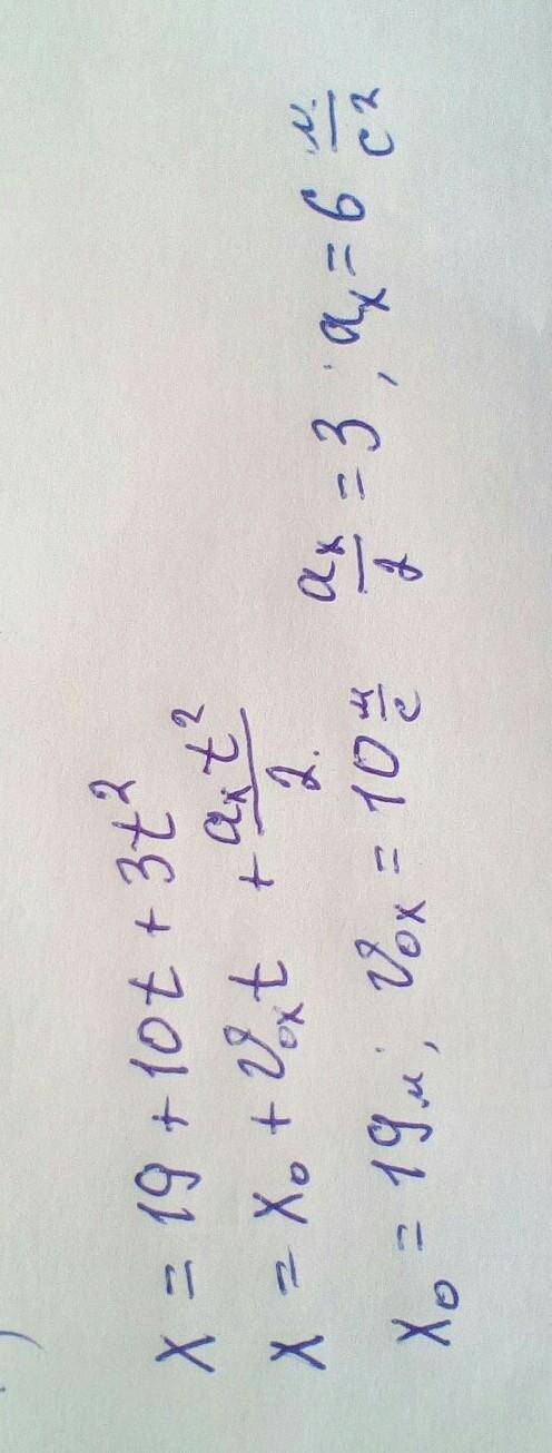 Координата тіла, що рухається, змінюється згідно з рівнянням x=19+10⋅t+3⋅t2. Визнач параметри руху т