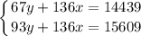 \displaystyle \left \{ {{67y+136x=14439} \atop {93y+136x=15609}} \right.