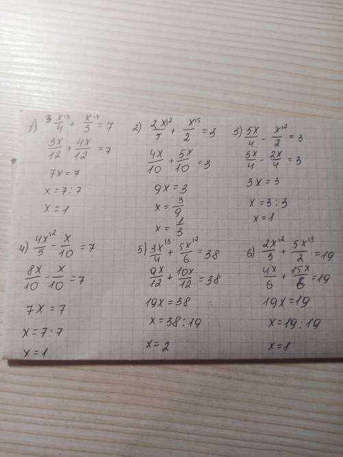 алгебра 7 класс номер 6.45. Реши уравнение: 1) х/4+ х/3=7 2) 2х/5+ х/2=3 3) 5х/4- х/2 4) 4х/5 -х/10=