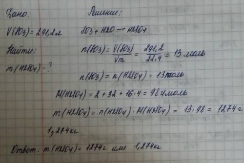 Знайди масу кислоти, яка утвориться при взаємодії 291,2 л сульфур(VI) оксиду з надлишком води (