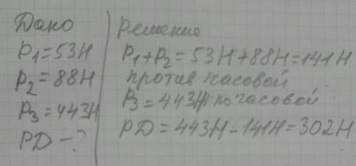 Дан невесомый рычаг, на одной стороне которого находятся два противовеса, их вес равен P1=53Н и P2=8