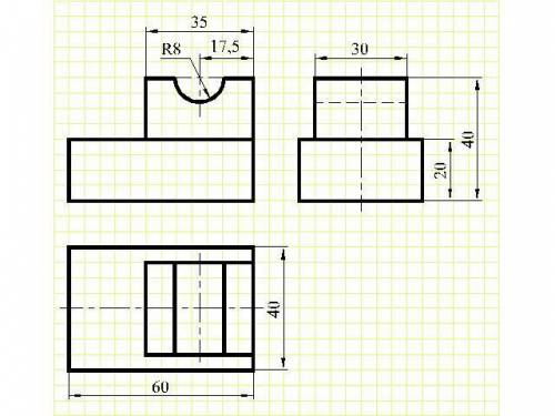 Ребята с черчением! Нужно выполнить три вида(в проекционной связи),поставить размеры.