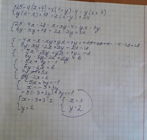 25 - 4(x + 7) = x (1 + y) - 4 - y(x + 7),x (2 - y) + 24.2y (6 - x) + 18​