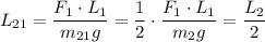 L_{21} = \dfrac{F_1 \cdot L_1}{m_{21}g} = \dfrac{1}{2}\cdot \dfrac{F_1 \cdot L_1}{m_{2}g} = \dfrac{L_2}{2}