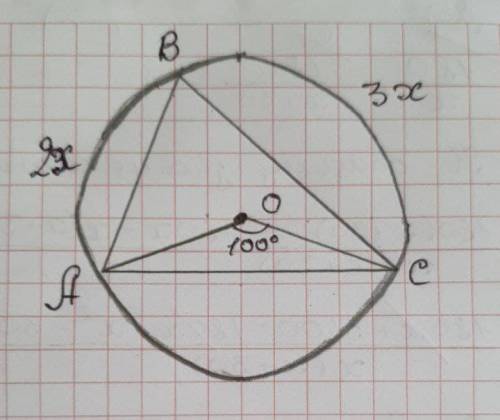 2 В окружность с центром О, вписан ∆АВС так, что ∠АОС=100^0, ∪АВ:∪ВС=2:3. Найдите величину дуги АВ.
