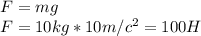 F = mg\\F = 10kg*10m/c^2 = 100H