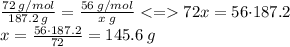 \frac{72 \: g/mol}{187.2 \: g} = \frac{56 \: g/mol}{x \: g} < = 72x = 56 {\cdot} 187.2 \\ x = \frac{56 {\cdot} 187.2 }{72} = 145.6 \: g