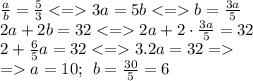 \frac{a}{b} = \frac{5}{3} < = 3a = 5b < = b= \frac{3a}{5} \\ 2a + 2b = 32 < = 2a + 2 \cdot \frac{3a}{5} = 32 \\ 2 + \frac{6}{5} a = 32 < = 3.2a = 32 = \\ = a = 10; \: \: b = \frac{30} {5} = 6