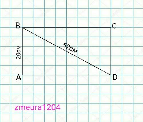 Диагональ прямоугольника равна 52 см,а его сторона 20 см. Найдите площадь прямоугольника.