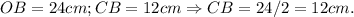 OB = 24cm; CB = 12cm \Rightarrow CB = 24/2 = 12cm.