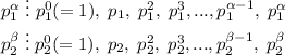 p_1^\alpha \; \vdots \; p_1^0 (=1), \; p_1, \; p_1^2, \; p_1^3,..., p_1^{\alpha -1}, \;p_1^\alpha \\p_2^\beta \; \vdots \; p_2^0(=1), \; p_2, \; p_2^2, \; p_2^3,..., p_2^{\beta -1}, \;p_2^\beta