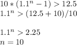10*(1.1^{n} -1)12.5\\1.1^{n} (12.5+10)/10\\\\1.1^{n}2.25\\n=10
