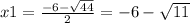 x1 = \frac{ - 6 - \sqrt{44} }{2} = -6 - \sqrt{11}