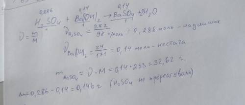 До розчину, що містить 28 г сульфатної кислоти, додали барій гідроксид масою 24 г. Обчисліть масу ут