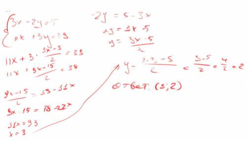 Розв'яжіть систему рівнянь: {3х-2у=5 {11х+3у=39
