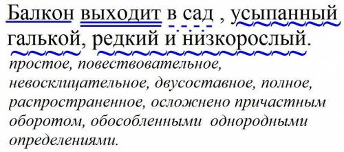 Синтаксический разбор предложения Балкон выходит в сад , усыпанный галькой, редкий и низкорослый