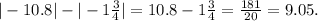 | - 10.8| - | - 1\frac{3}{4} | = 10.8 - 1 \frac{3}{4} = \frac{181}{20} = 9.05.